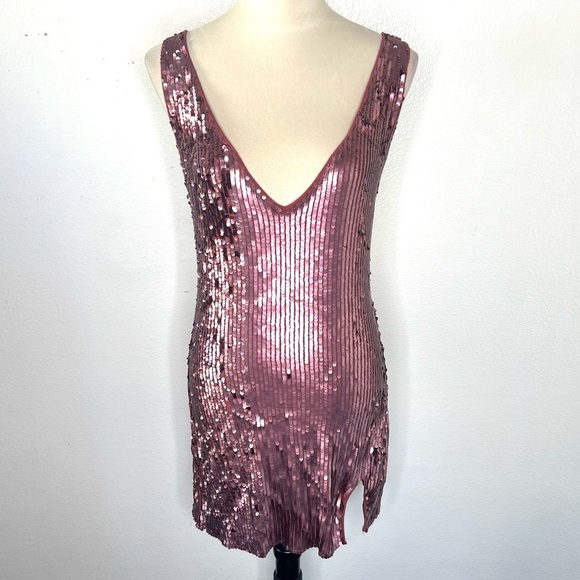FREE PEOPLE Intimately Sequined Mini Dress Deep V Low Back Rose Size Small - Picture 4 of 15